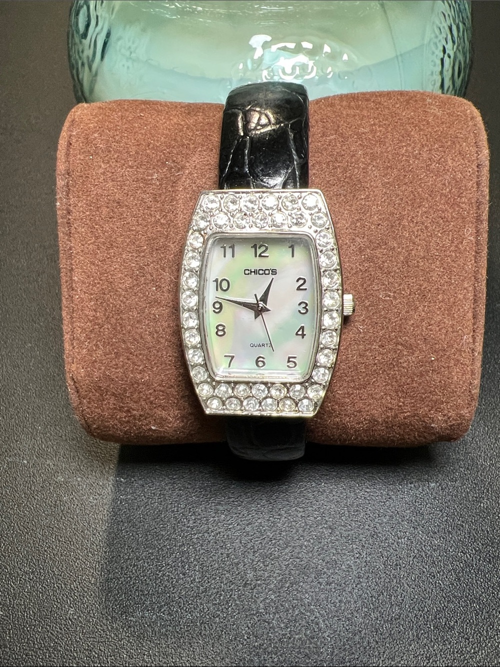 Chico's Black Leather Strap Watch with Crystal-Trim Mother-of-Pearl Dial